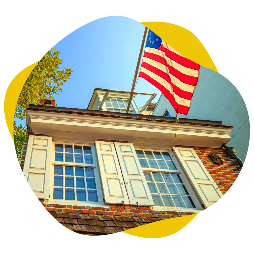 flag outside betsy ross house in old city philadelphia